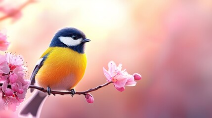 Obraz premium A small bird sitting on a branch with pink flowers