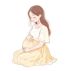 Pregnant woman seated, holding her belly.