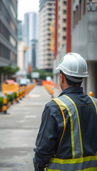 safety first project of workman as engineer or worker or crew and insurance, business concept. construction safety gear including a white, yellow and blue hard safety helmet on concrete floor on cit