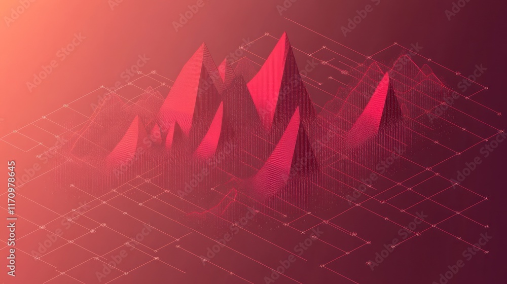 Aufkleber abstract red 3d mountain range landscape with grid overlay.