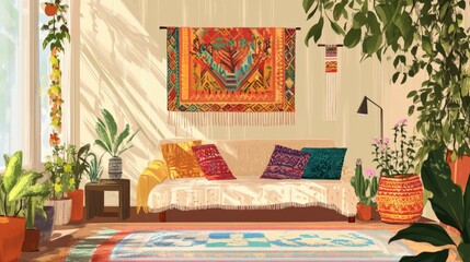 Sunlit Bohemian Living Room With Plants And Colorful Textiles