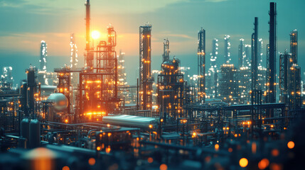 Fototapeta premium futuristic factory with advanced 3D production technology, illuminated by glowing lights and vibrant sunset. scene captures essence of modern industrial innovation and energy