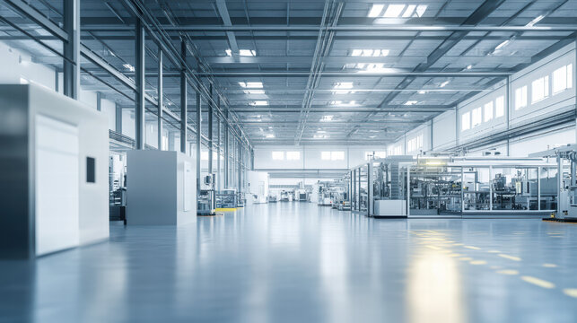 spacious industrial factory interior featuring advanced machinery and production lines, showcasing modern and efficient workspace. bright lighting enhances clean, organized environment