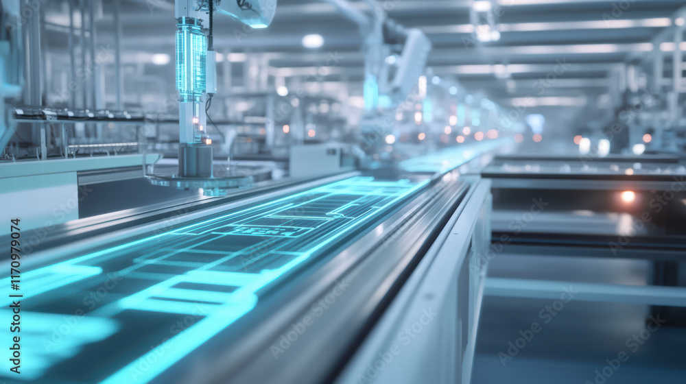 Poster futuristic factory showcasing advanced 3d production technology with automated machinery and glowing