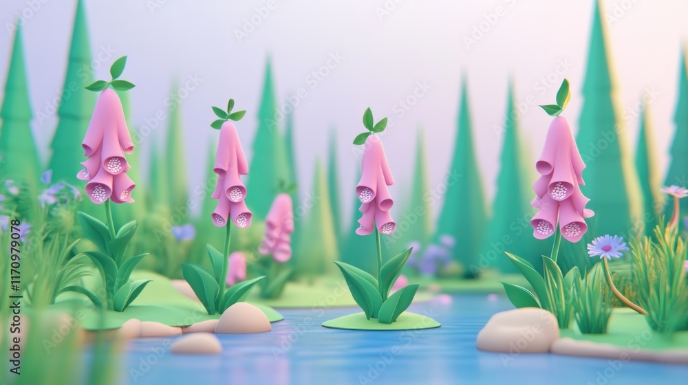 Poster stylized 3d render of pink foxgloves by a tranquil stream in a whimsical forest.