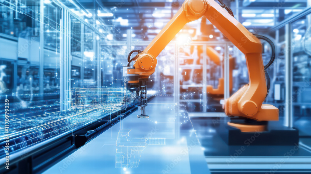 Aufkleber futuristic factory featuring advanced robotic arms and 3d production technology, showcasing automati