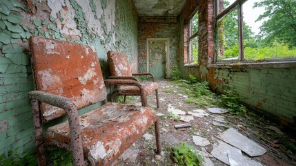Obraz premium A couple of chairs sitting next to each other in an abandoned building