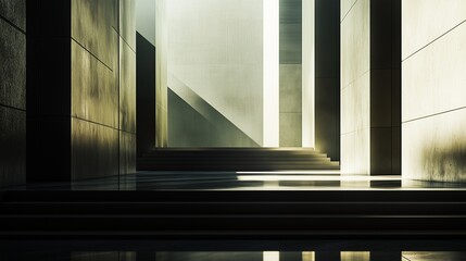 A contemporary architectural background featuring high, shadowy walls and geometric steps, gently illuminated with diffused lighting. The design is sleek and modern, with a focus on clean lines.