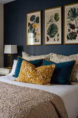 A bedroom with navy blue walls features a bed dressed in beige textured bedding and mustard yellow and teal decorative pillows. Three framed botanical prints hang above the bed.