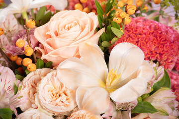 Close-Up of Elegant Pastel Bouquet with Roses and Tulips