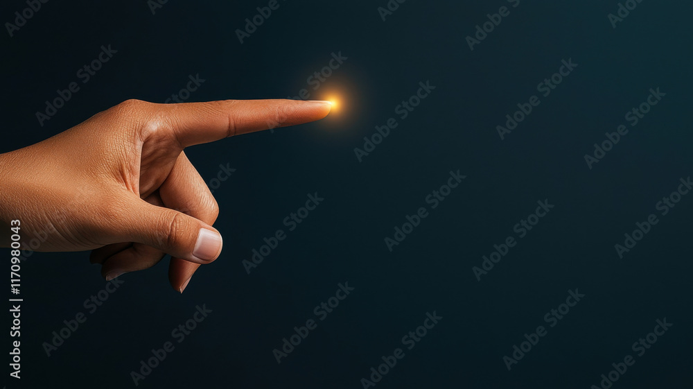 Poster tech driven decision making concept, hand pointing with glowing light at fingertip against dark back