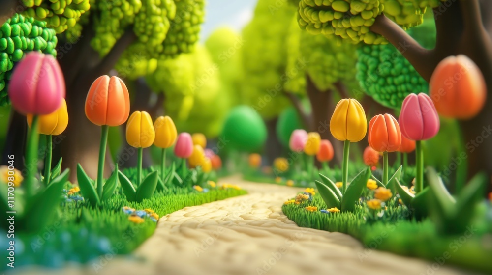 Poster colorful tulips line a whimsical path winding through a cartoon forest.