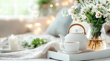 Serene morning tea with white roses and soft light. Perfect start!