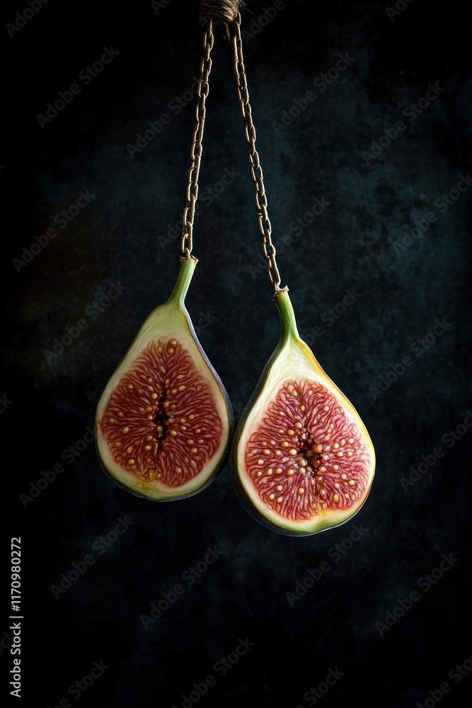 Poster two halved figs hanging from rusty chains against a dark background.