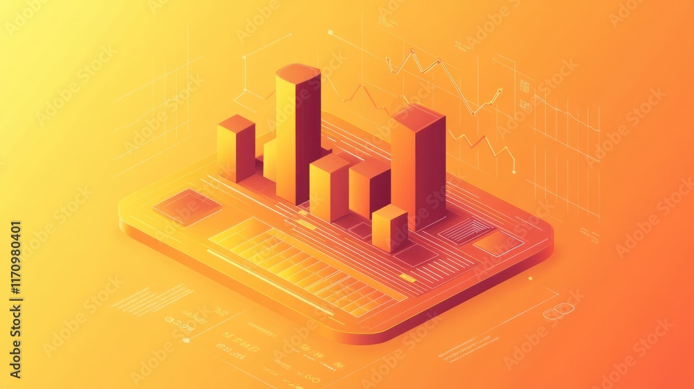 Poster isometric 3d illustration of financial growth charts and graphs on a digital device.