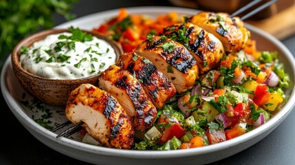 Savor succulent grilled chicken skewers, served with a vibrant salad and creamy dip.  Enjoy!