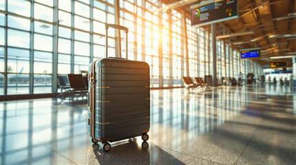 Naklejka premium Stylish suitcases in a waiting area at bustling airport terminal, warm morning sunlight, creating an inviting view that captures excitement of travelers embarking on a vacation