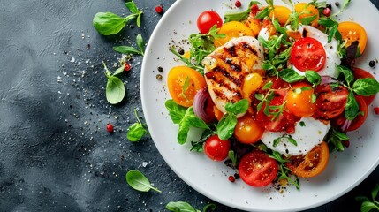 Grilled chicken salad with colorful tomatoes, fresh herbs, and a creamy dressing.