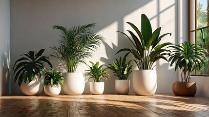 modern living room with indoor plants and sun light