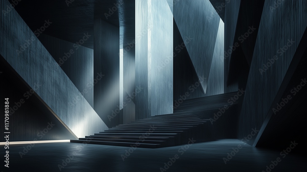 Aufkleber a dramatic abstract architectural background with high, dark walls and geometric steps, illuminated 