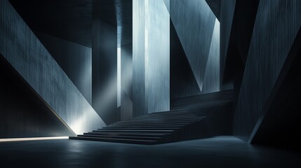 A dramatic abstract architectural background with high, dark walls and geometric steps, illuminated by a soft, diffused light to create a visually striking, modern design.