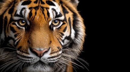  A close up of a tiger's face on a black background