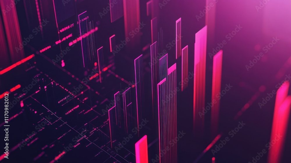 Poster abstract 3d rendering of glowing pink and purple lines forming a futuristic cityscape.
