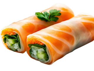 Fresh Asian rice paper rolls featuring vibrant fillings isolated on a clean white background