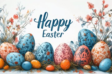 Easter sketch illustration. Festive Easter decorations surround the cheerful message, Happy Easter, featuring vibrant eggs, flowers, and foliage in a charming, artistic sketch illustration.