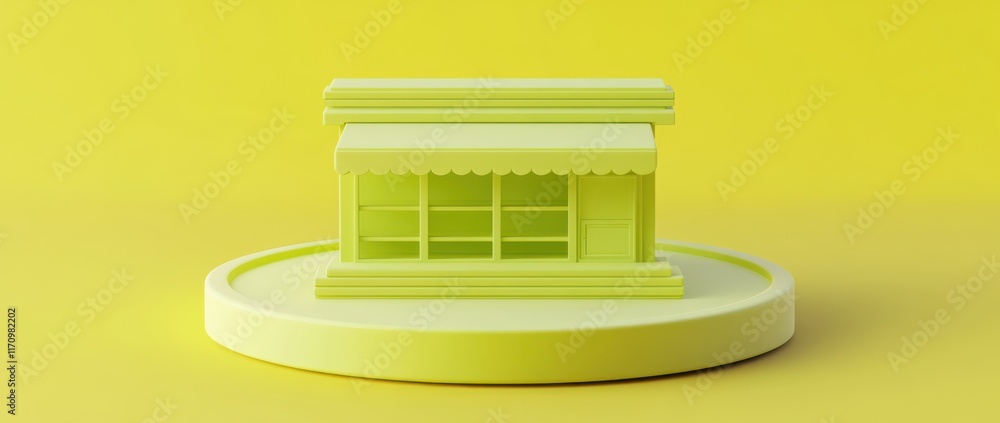 Aufkleber minimalist 3d render of a small shop on a yellow background.
