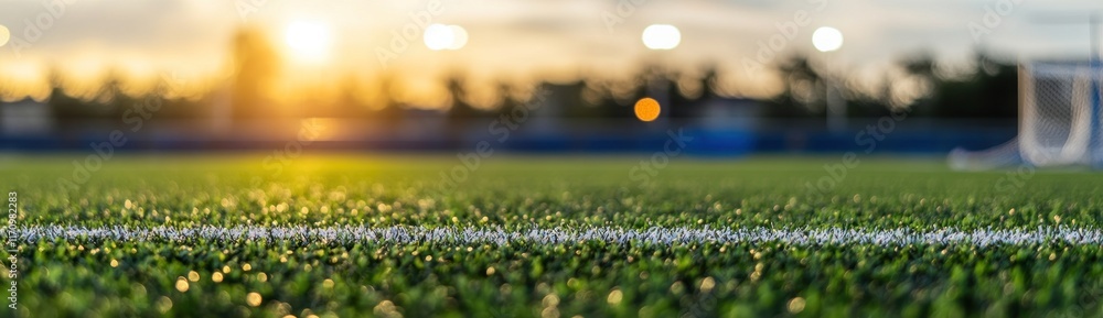 Poster close-up of artificial turf field line at sunset.