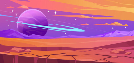 Alien space planet vector illustration. Cartoon orange planet landscape with purple sky, stars, planet and desert stone surface. Flat style design concept for sci-fi, game, book fantasy illustrations. © Microstocker.Pro