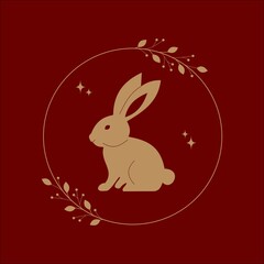 Charming Bunny Illustration with Floral Frame on Red Background