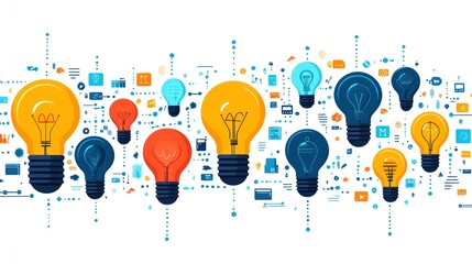 Colorful light bulbs with digital icons background.
