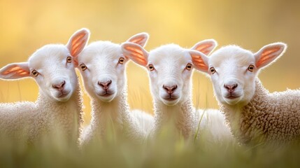 Fototapeta premium A group of three white sheep standing in a grassy field