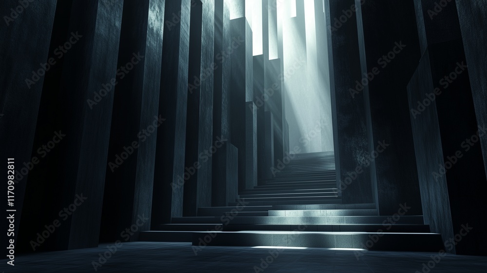 Poster a dramatic architectural background with dark, high walls and abstract geometric steps, softly illum