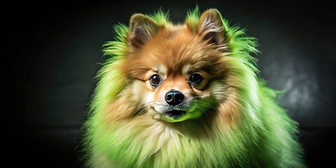 Obraz premium Adorable fluffy Pomeranian puppy, a charming pet portrait against a striking black backdrop.