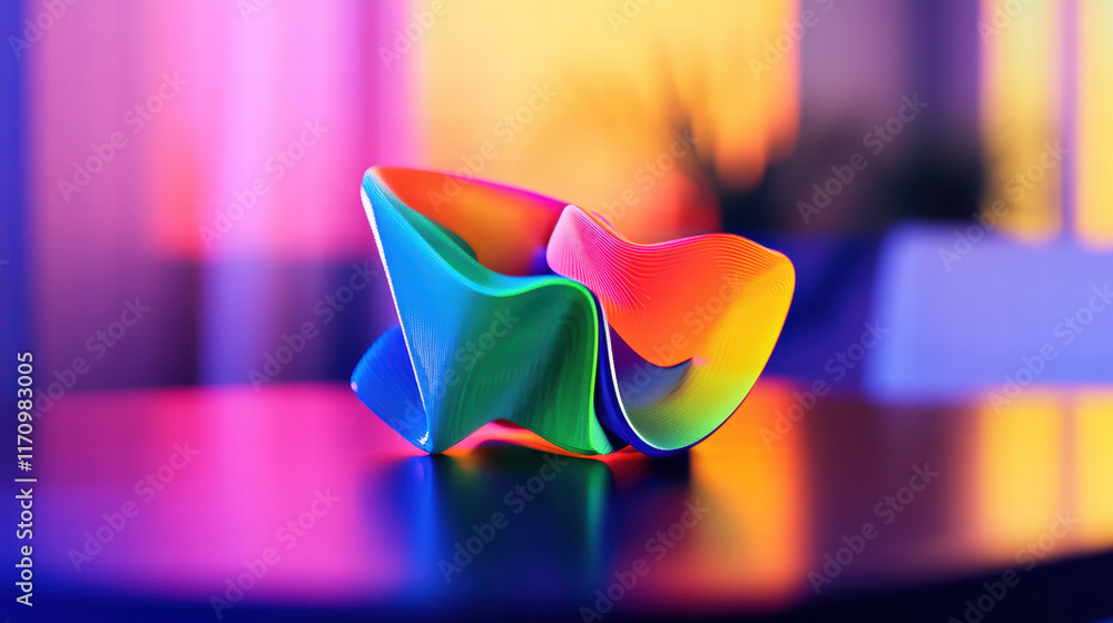 Poster vibrant 3d printed product displayed on table, showcasing colorful curves and shapes. background fea