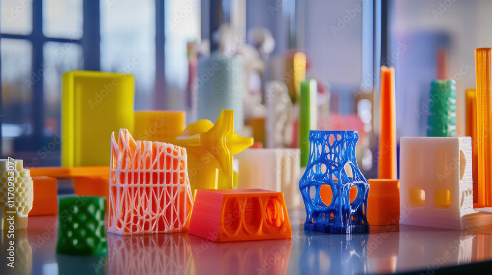 Poster vibrant 3d printed objects displayed on table, showcasing various shapes and colors. intricate desig
