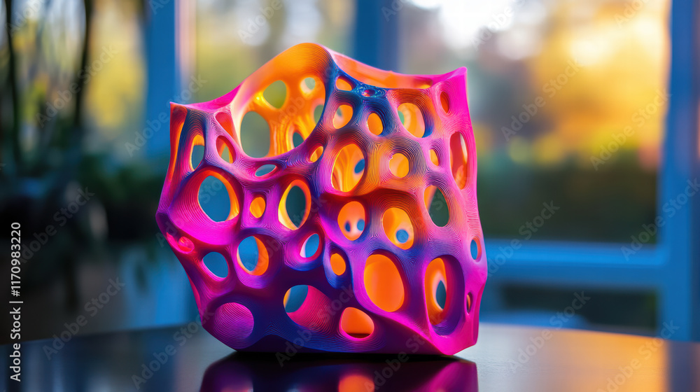 Poster vibrant 3d printed sculpture displayed on table, showcasing intricate patterns and bright colors. un