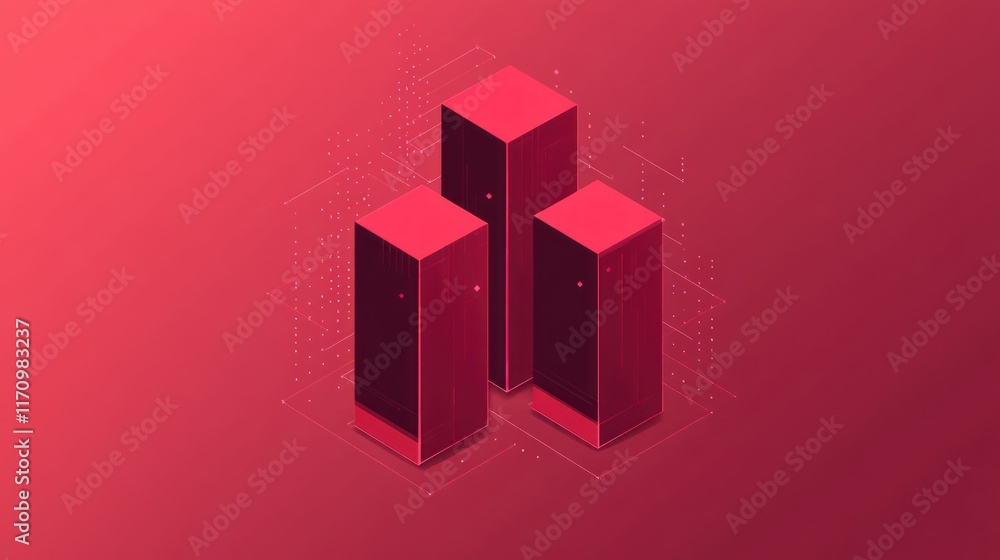 Aufkleber three isometric red servers on a red circuit board background.