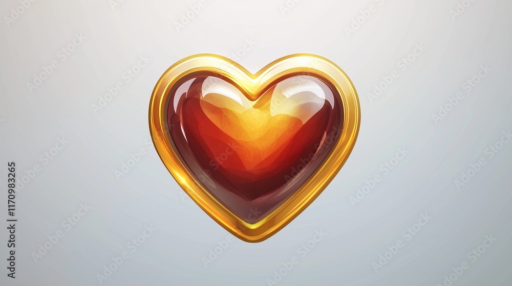 Poster a game badge featuring a symmetrical heart shape in warm gold and deep red, set against a solid ligh