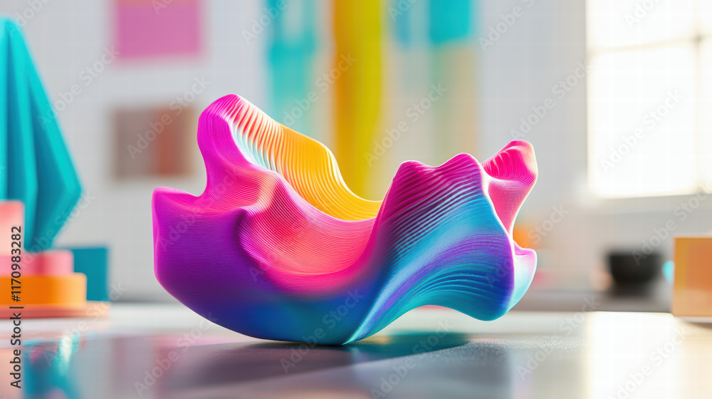 Poster vibrant 3d printed decorative bowl displayed on table, showcasing colorful swirls and intricate patt