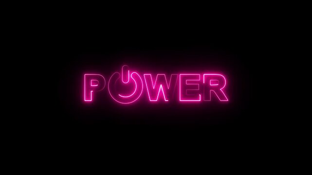 Power text font with neon effect,the idea of a computer or laptop one - off,writing to turn off the computer. Neon glowing power button icon animation. Neon light power button turning on and off 4k.