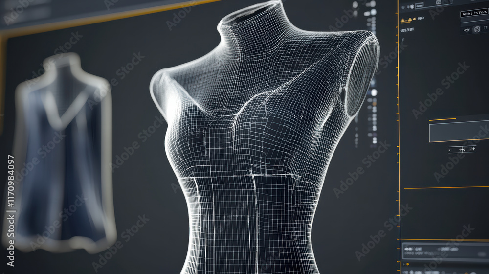 Poster 3d wireframe model of garment displayed on digital interface, showcasing design process. sleek lines