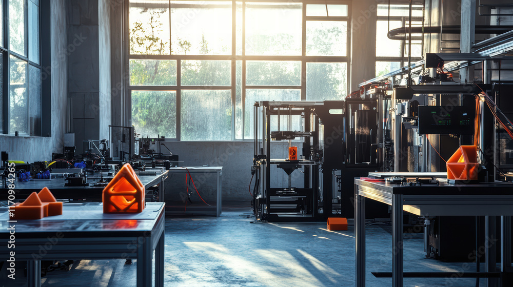 Aufkleber industrial workspace featuring advanced 3d printing machines, showcasing vibrant orange prototypes o