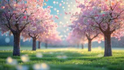 Fototapeta premium Cherry blossom trees line a serene park pathway during a sunny spring afternoon