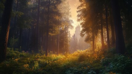 Obraz premium Enchanting Castle Beckons Through Golden Forest Sunlight