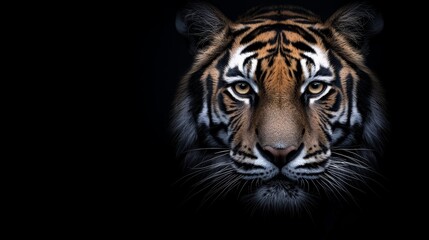 Fototapeta premium A close up of a tiger's face on a black background