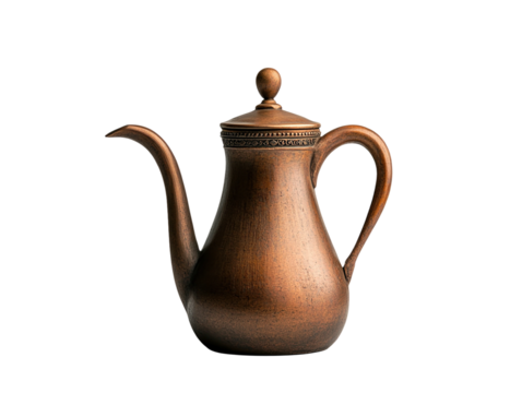 Traditional copper coffee pot dallah from Saudi Arabia with ornate design and curved spout isolated on white background